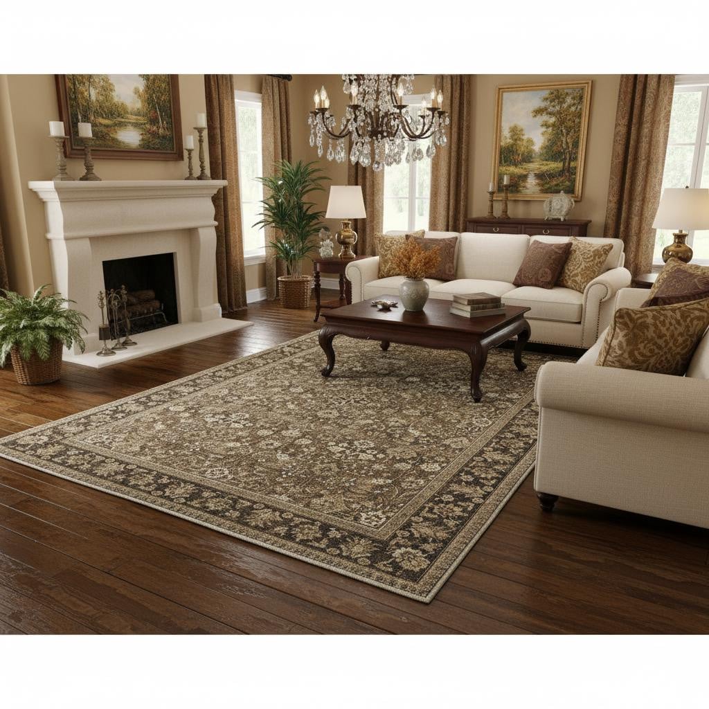 701238 9 x 12 ft. Brown Ivory & Tan Floral Medallion Washable Rectangle Area Rug