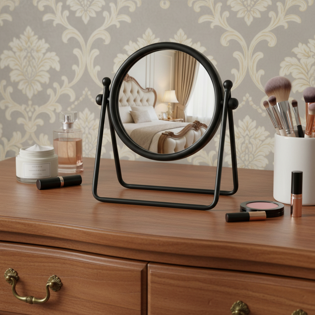 716309 10 in. Black Metal Round Framed Adjustable Makeup Shaving Tabletop Mirror