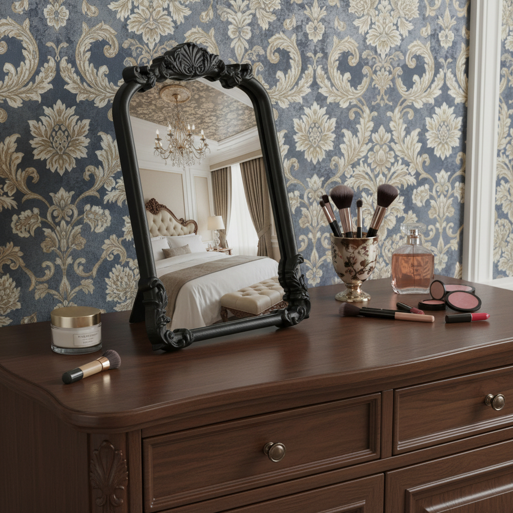 716307 12 in. Black Solid Wood Scalloped Framed Makeup Shaving Tabletop Mirror