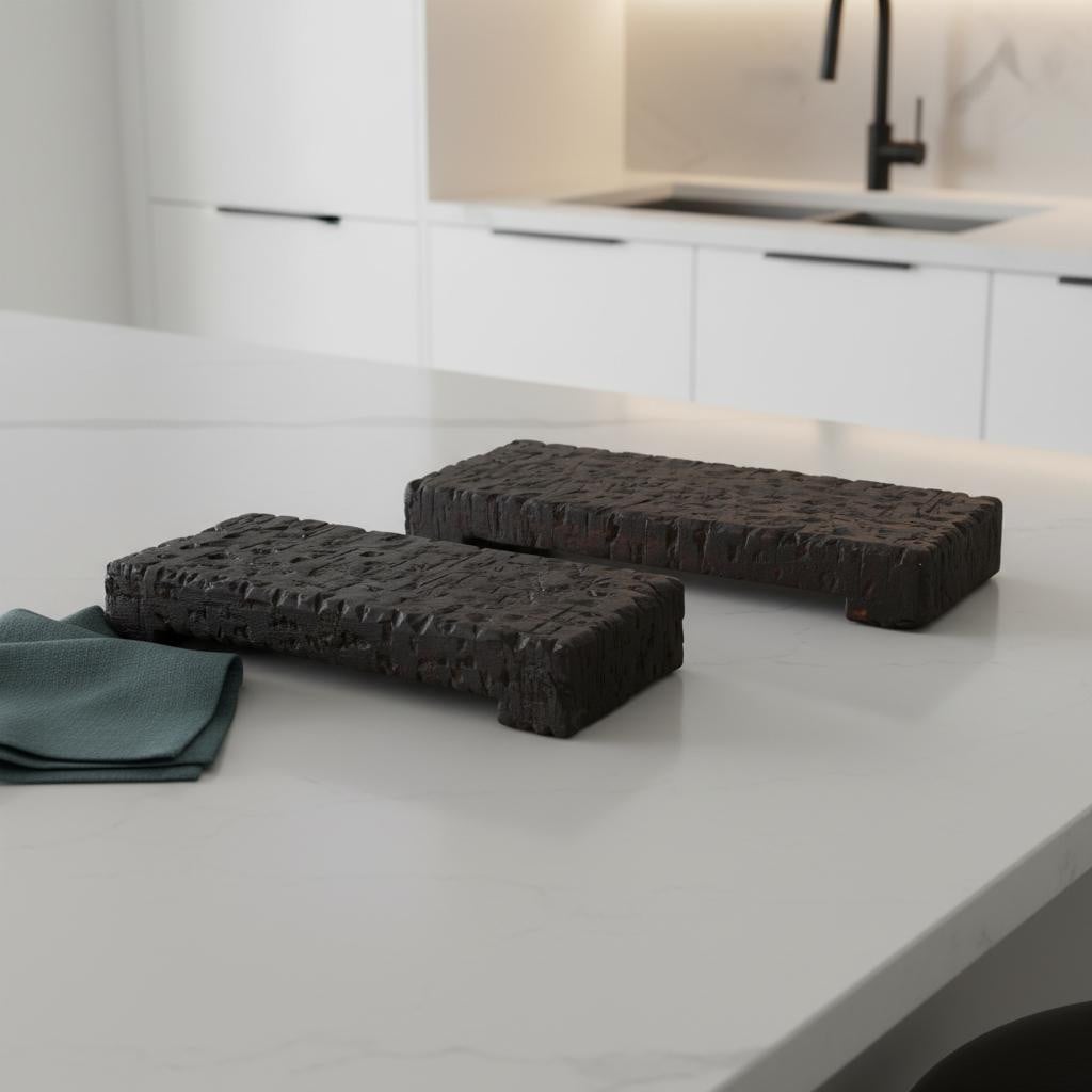 609081 Brown Wood Handmade Serving Tray, Set of 2