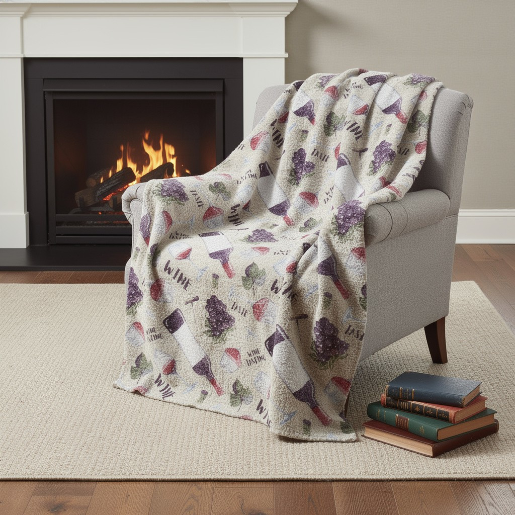 712595 50 x 70 in. Ivory Purple & Green Wine Tasting Microfiber Plush Throw Blanket