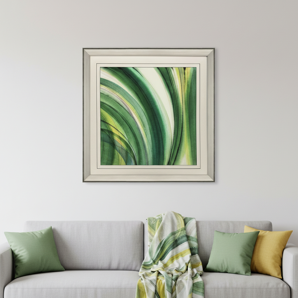 654102 Modern Abstract Green Curvy Leaves Silver Framed Wall Art