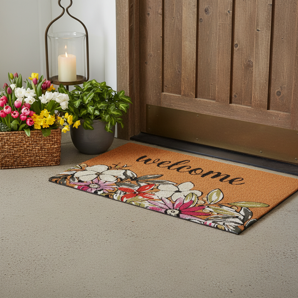 721270 24 x 36 in. Brown Black & White Floral Welcome Outdoor Coir Rectangle Door Mat