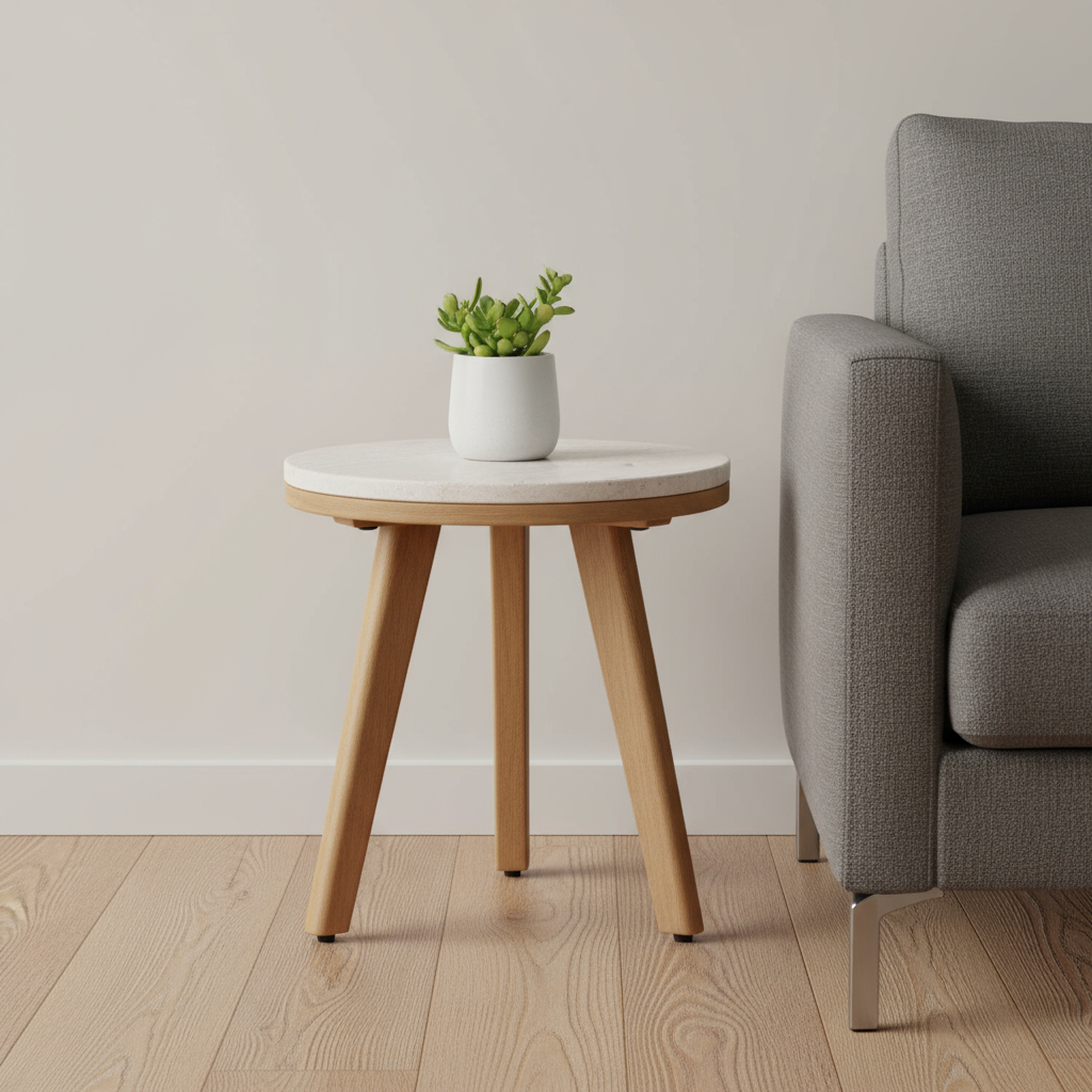 668525 16 in. Beige & Natural Stone & Solid Wood Round Outdoor Side Table
