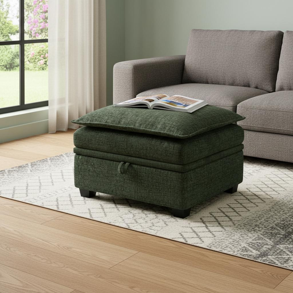 714365 30 in. Green & Black Chenille Storage Ottoman
