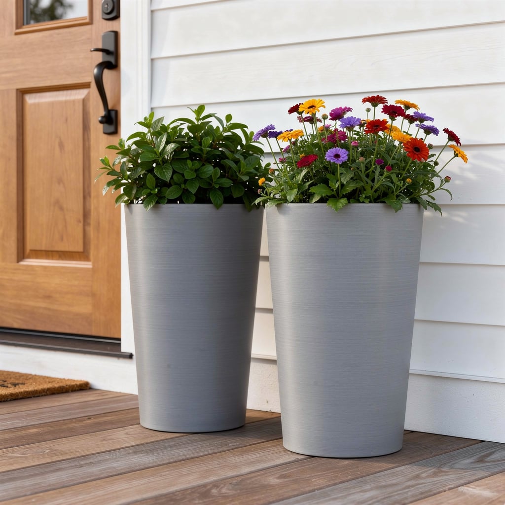719626 Light Gray Heavy Duty Plastic Cylindrical Planter Pots, Set of 2