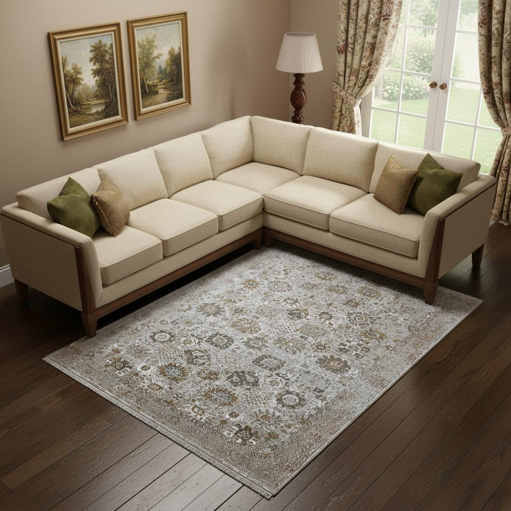 722063 13 x 20 ft. Ivory Gray & Gold Floral Rectangle Area Rug with Fringe