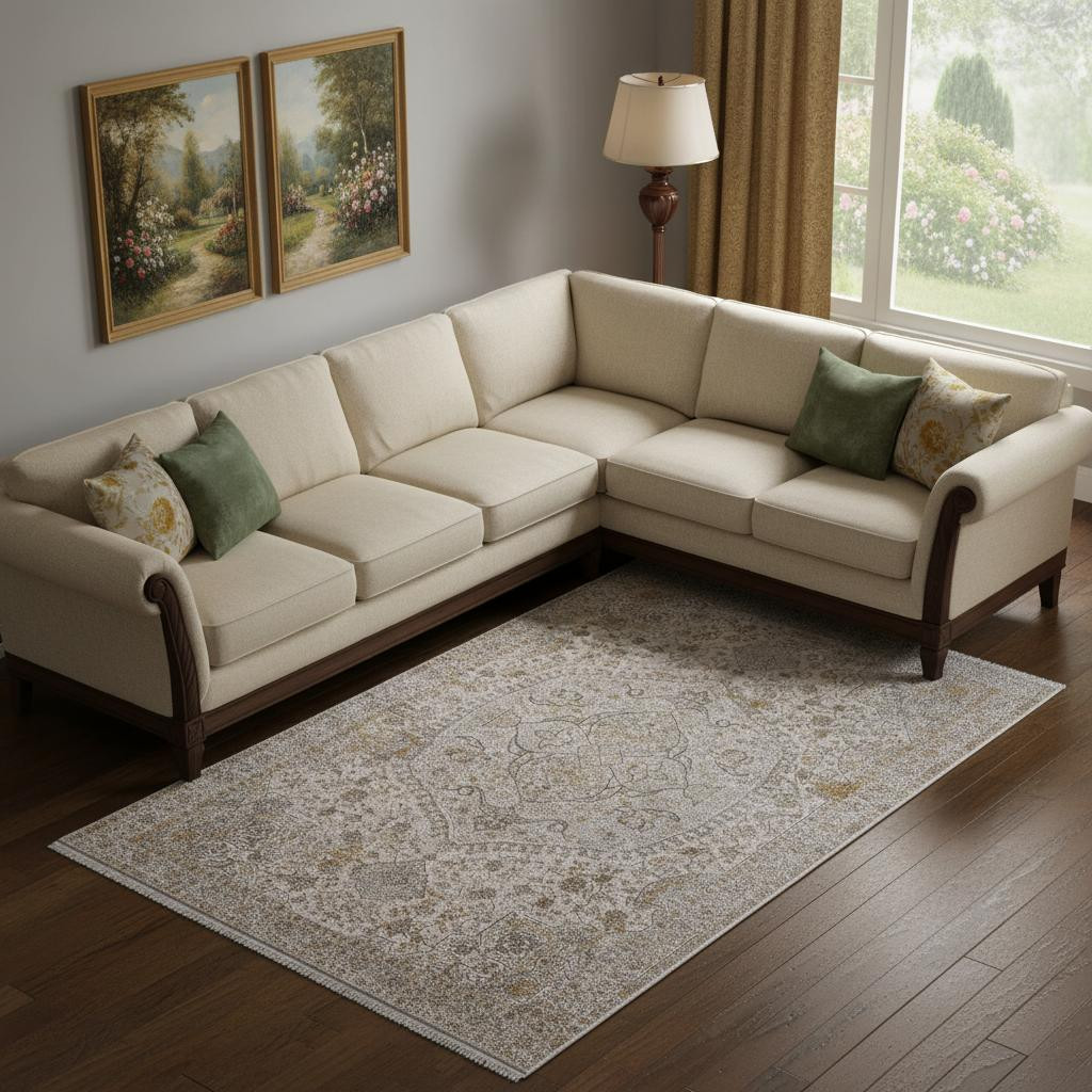 722068 6 x 9 ft. Ivory Gray & Gold Oriental Rectangle Area Rug with Fringe