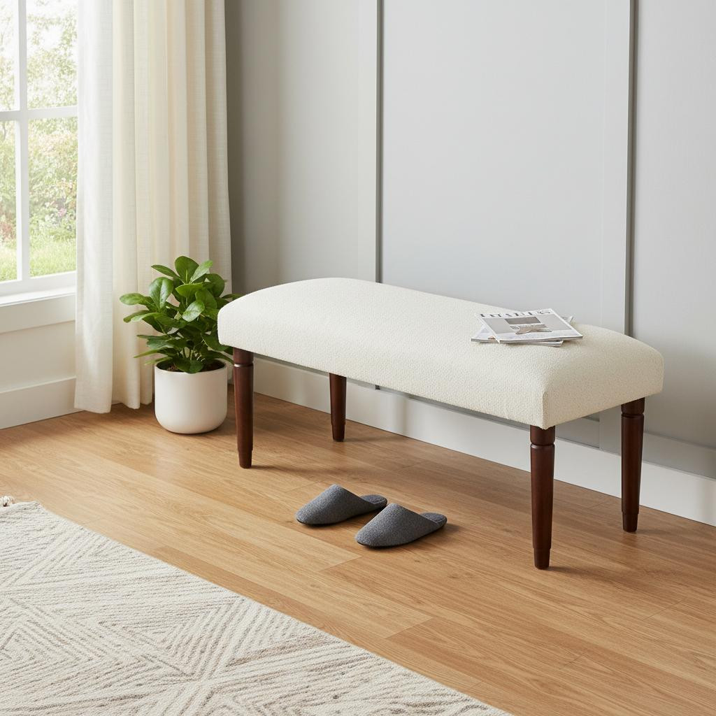 716240 47 in. Cream & Brown Boucle & Solid Wood Upholstered Bench