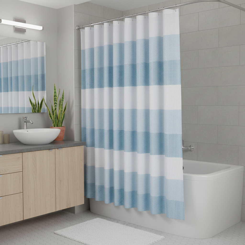 484079 72 in. White & Blue Striped Shower Curtain