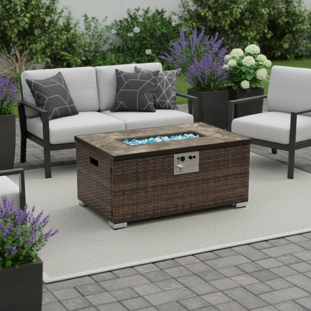 714427 32 in. 50000 BTU Brown Rattan Propane Rectangular Fire Pit Table with Cover