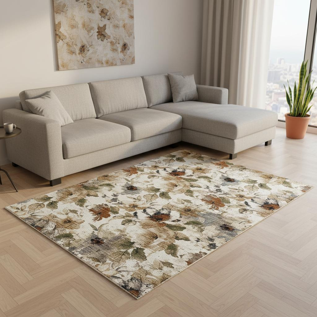 661389 8 x 10 ft. Cream Beige & Green Floral Rectangle Area Rug