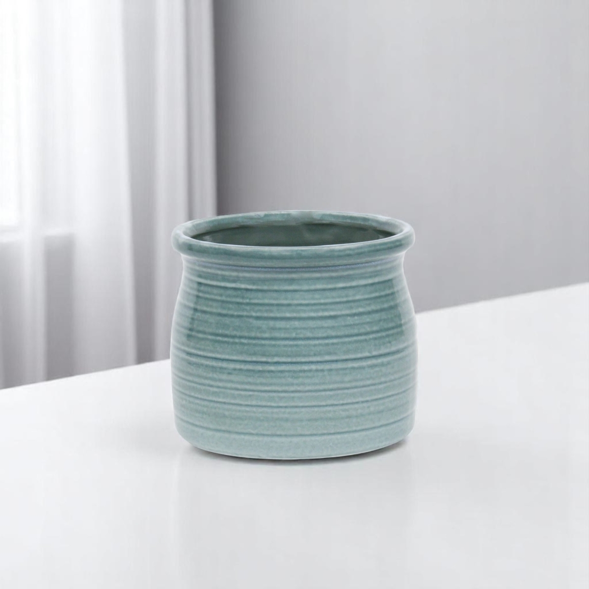 487409 51 oz Celadon Ceramic Striped Round Distressed Pot Planter