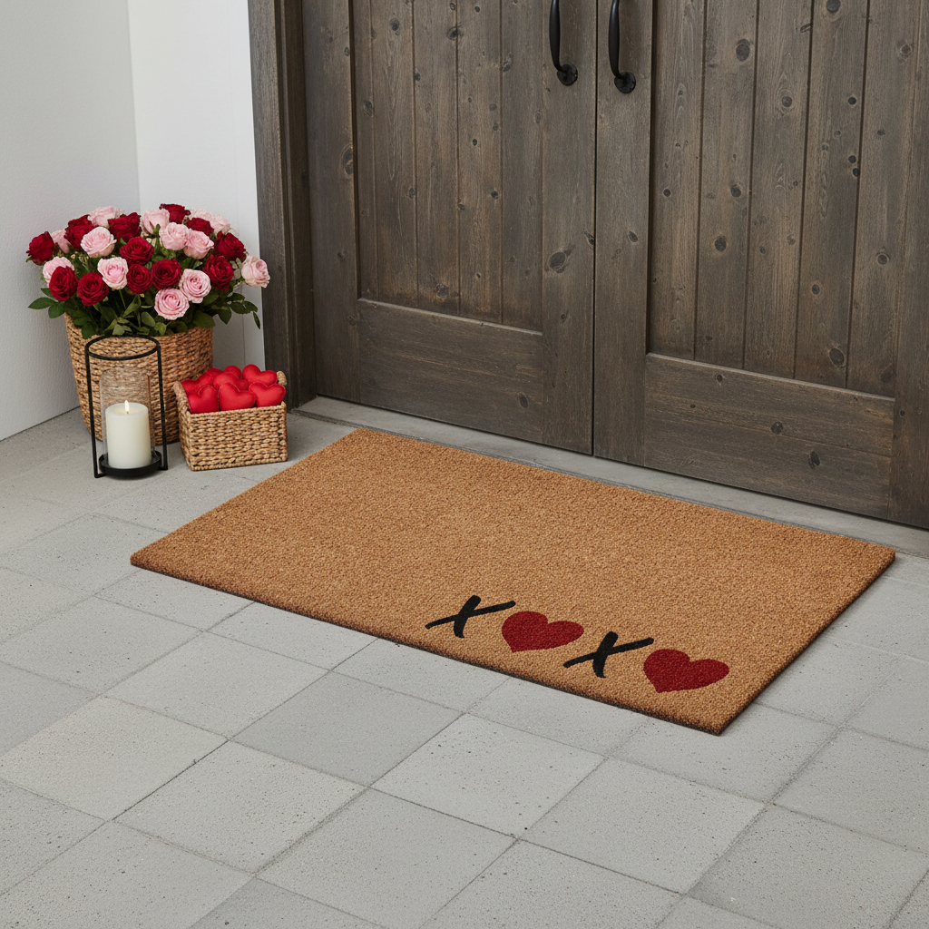 719884 24 x 48 in. Brown Black & Red Valentines Day Heart XOXO Outdoor Coir Rectangle Door Mat