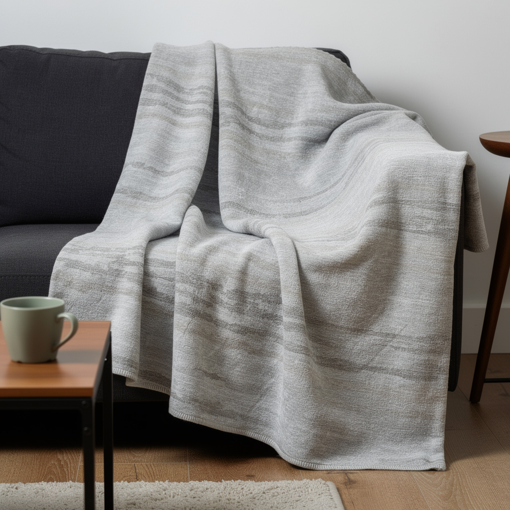 712358 50 x 70 in. Ivory & Taupe Striped Microfiber Plush Throw Blanket