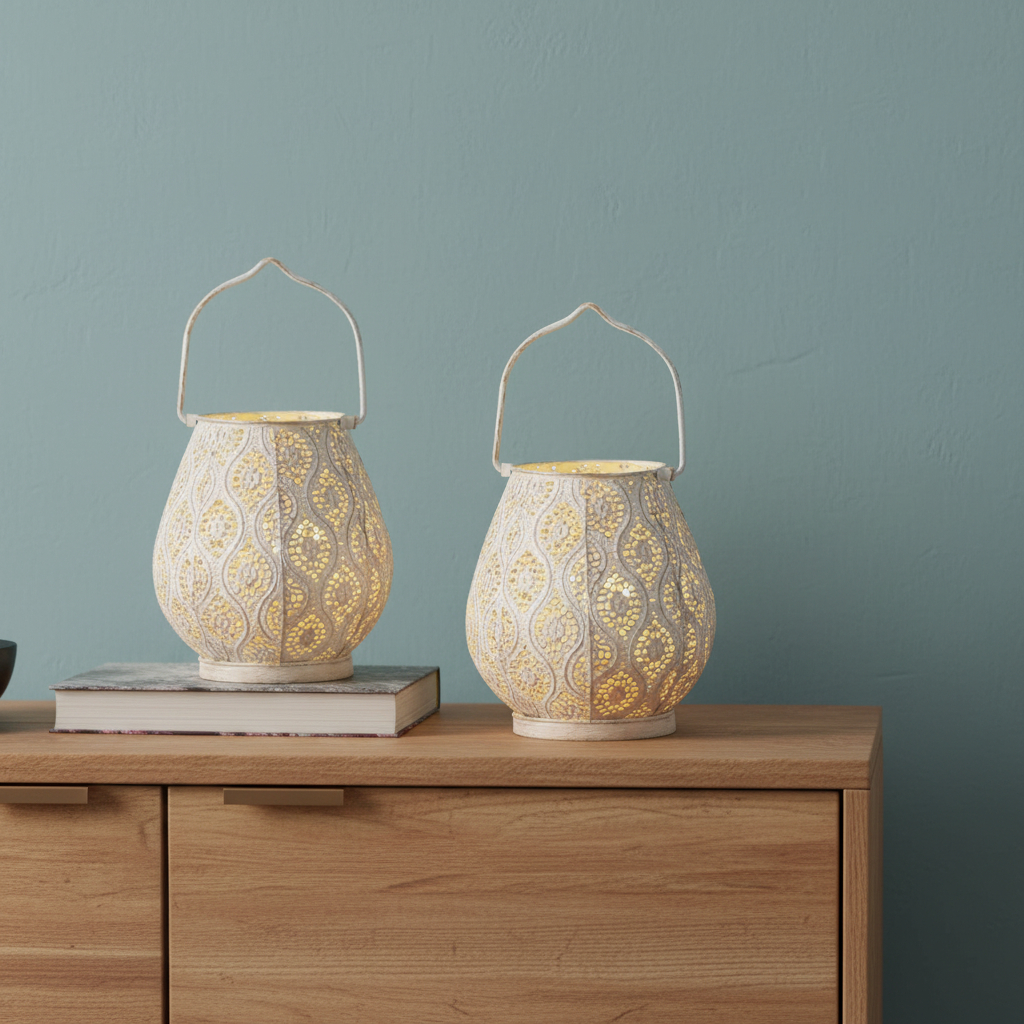 720593 10 in. Beige Pierced Geometric Cordless Lantern Lamps, Set of 2
