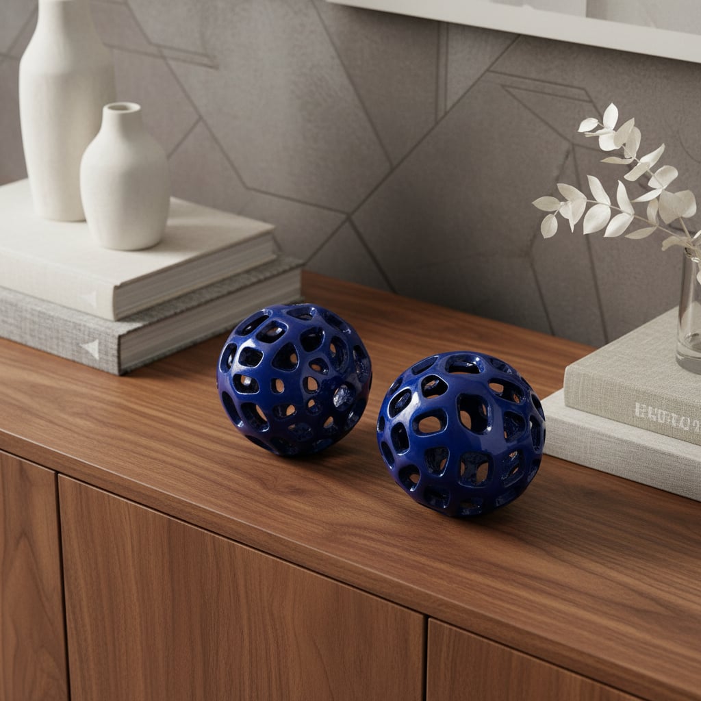 722454 Blue Aluminum Hand Painted Decorative Orbs, Set of 2