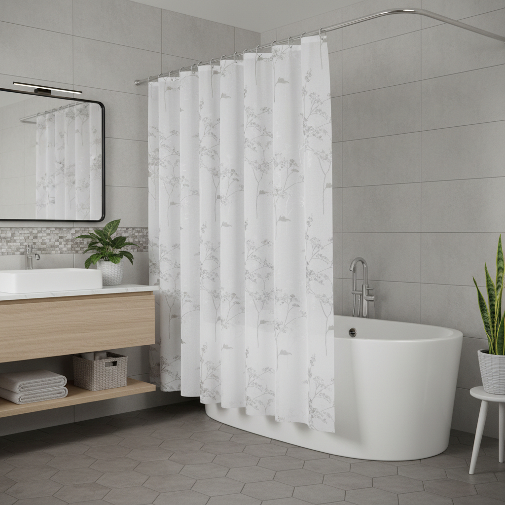 720614 72 in. White & Gray Floral Shower Curtain
