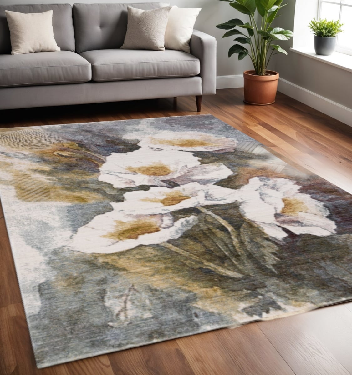 660201 5 x 8 ft. Cream Blue & Yellow Botanical Leaves Rectangle Area Rug