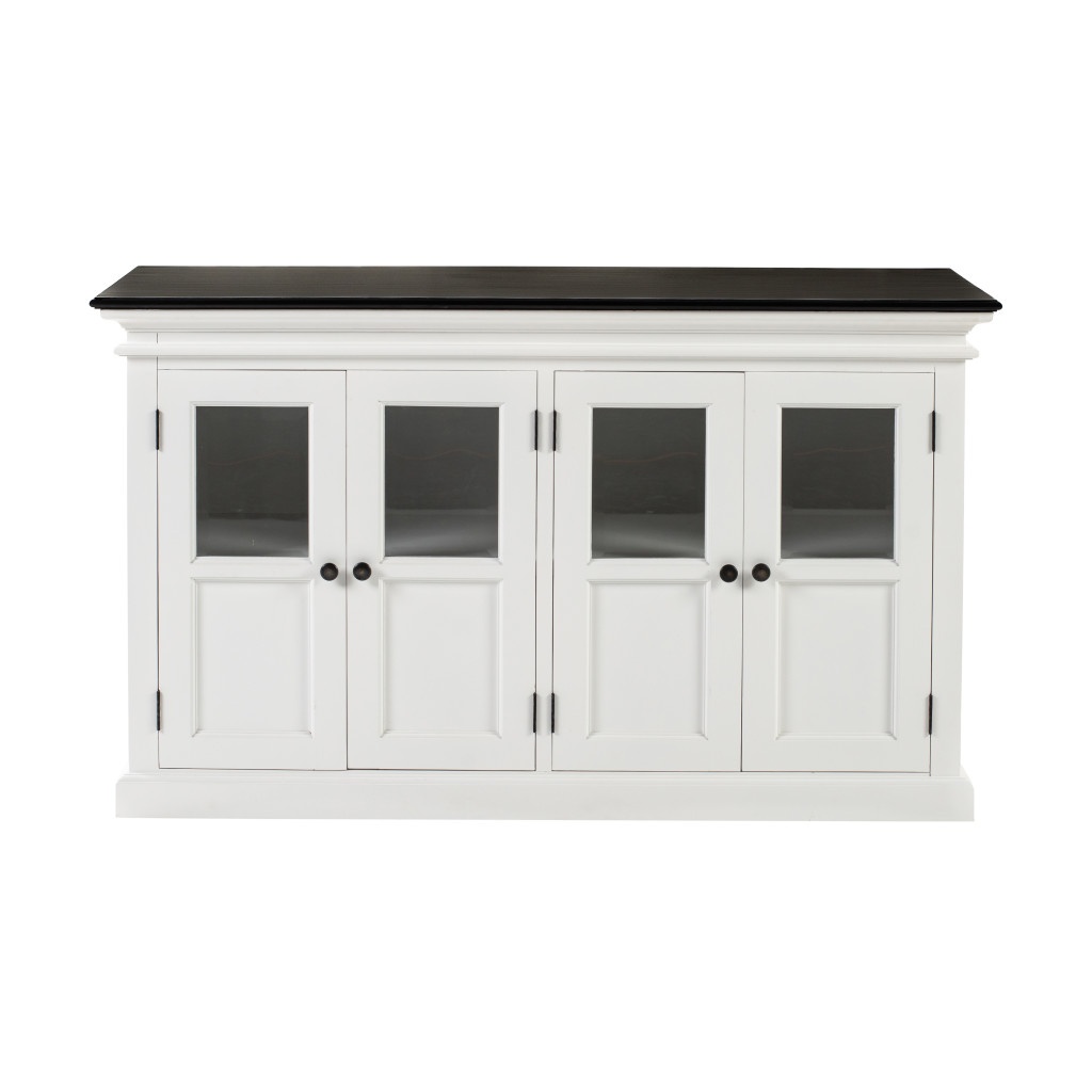 523205 60 in. White & Black Solid Wood Paneled Buffet Table with Four Glass Doors
