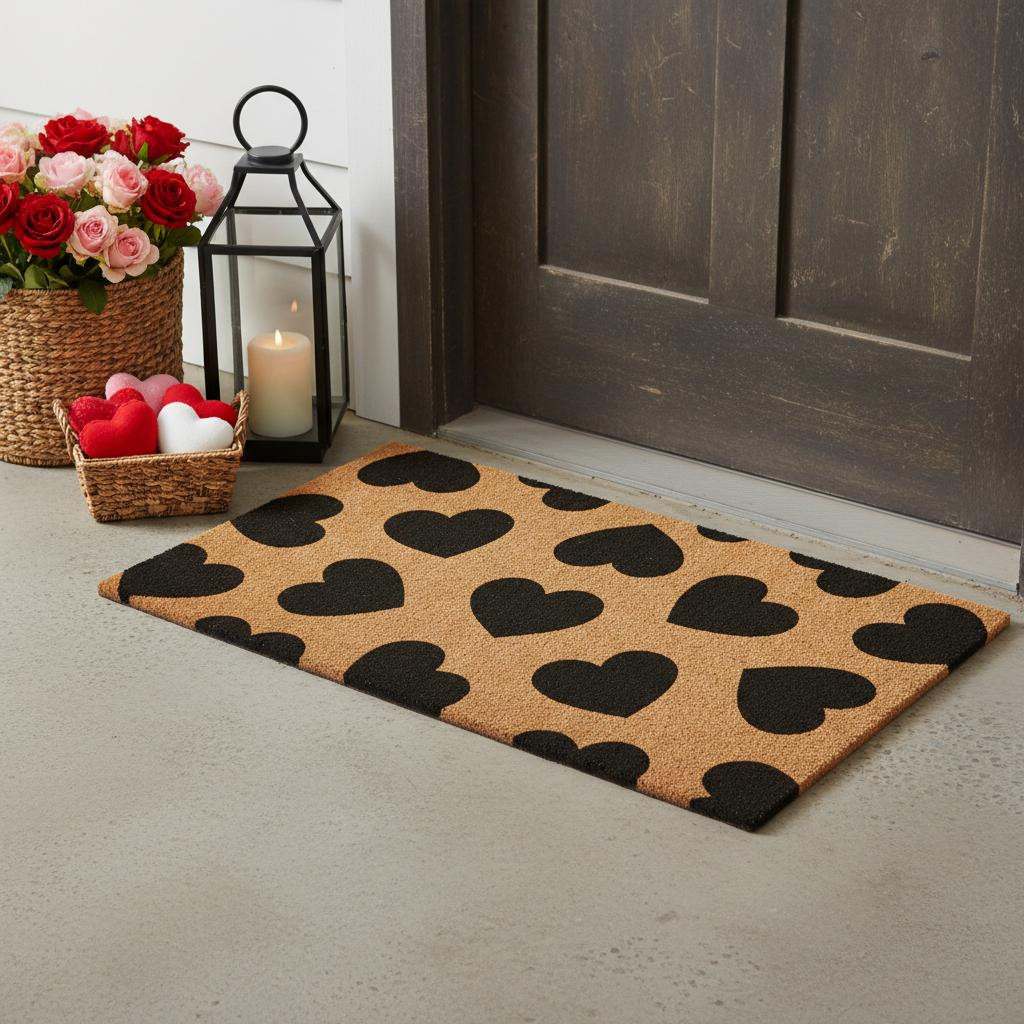 719911 24 x 36 in. Brown & Black Hearts Outdoor Coir Rectangle Door Mat