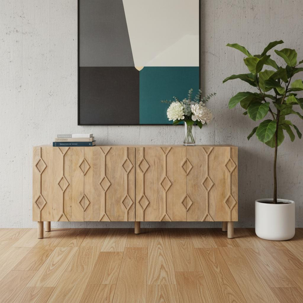 611021 71 in. Light Brown Solid Wood Carved Geometric Sideboard Soft Close with Four Doors