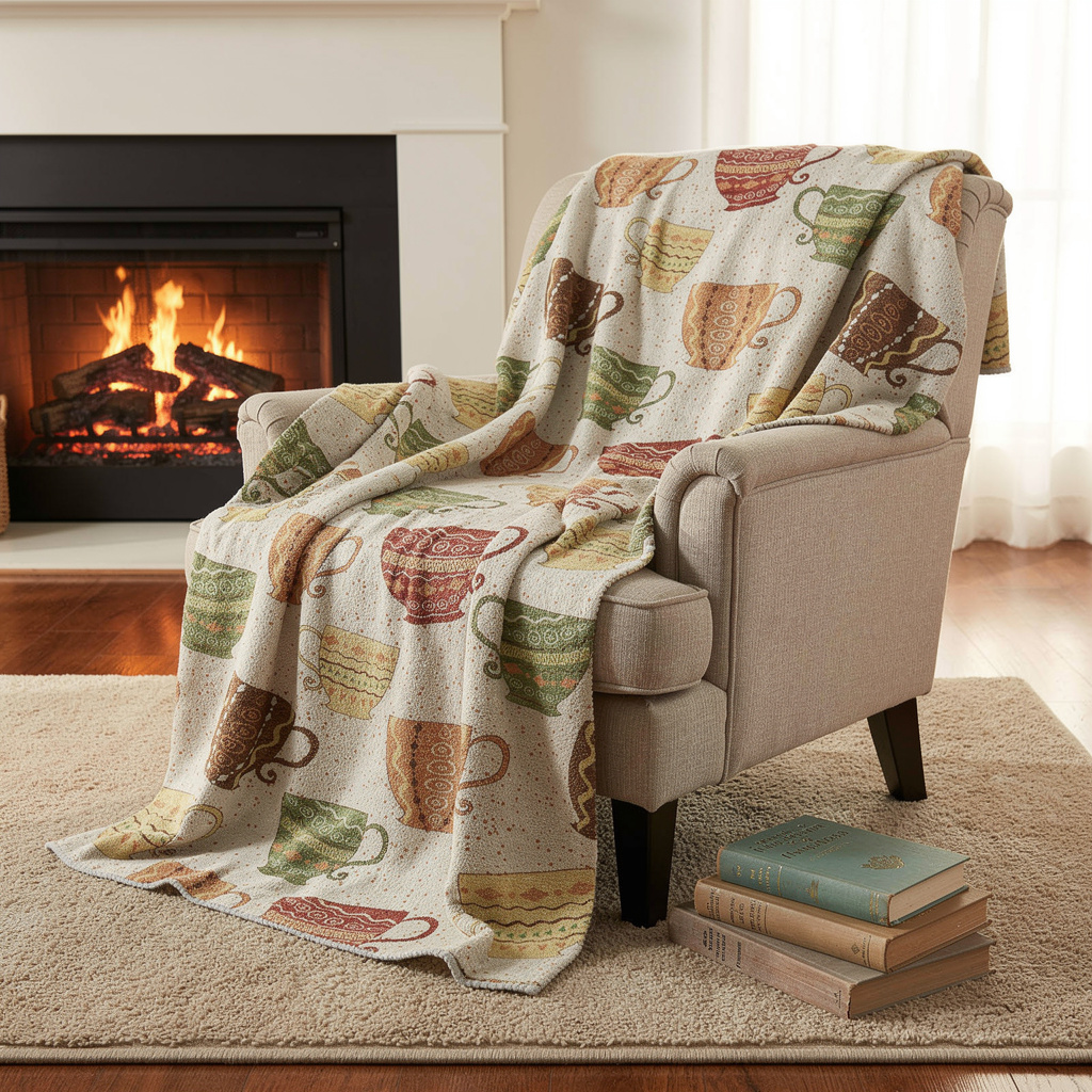 712596 50 x 70 in. Ivory Orange & Green Teacups Microfiber Plush Throw Blanket