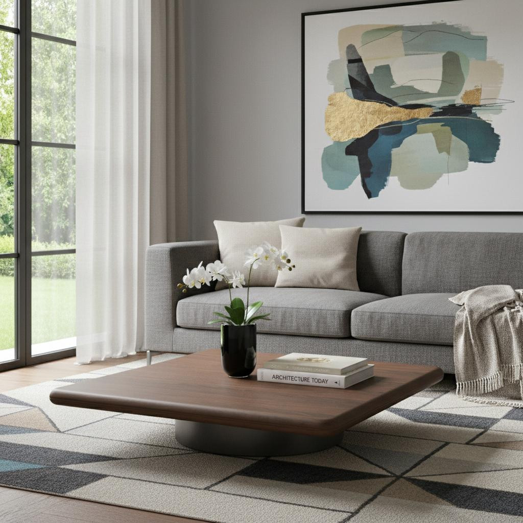 714607 39 in. Brown & Silver Wood & Stainless Steel Square Pedestal Coffee Table