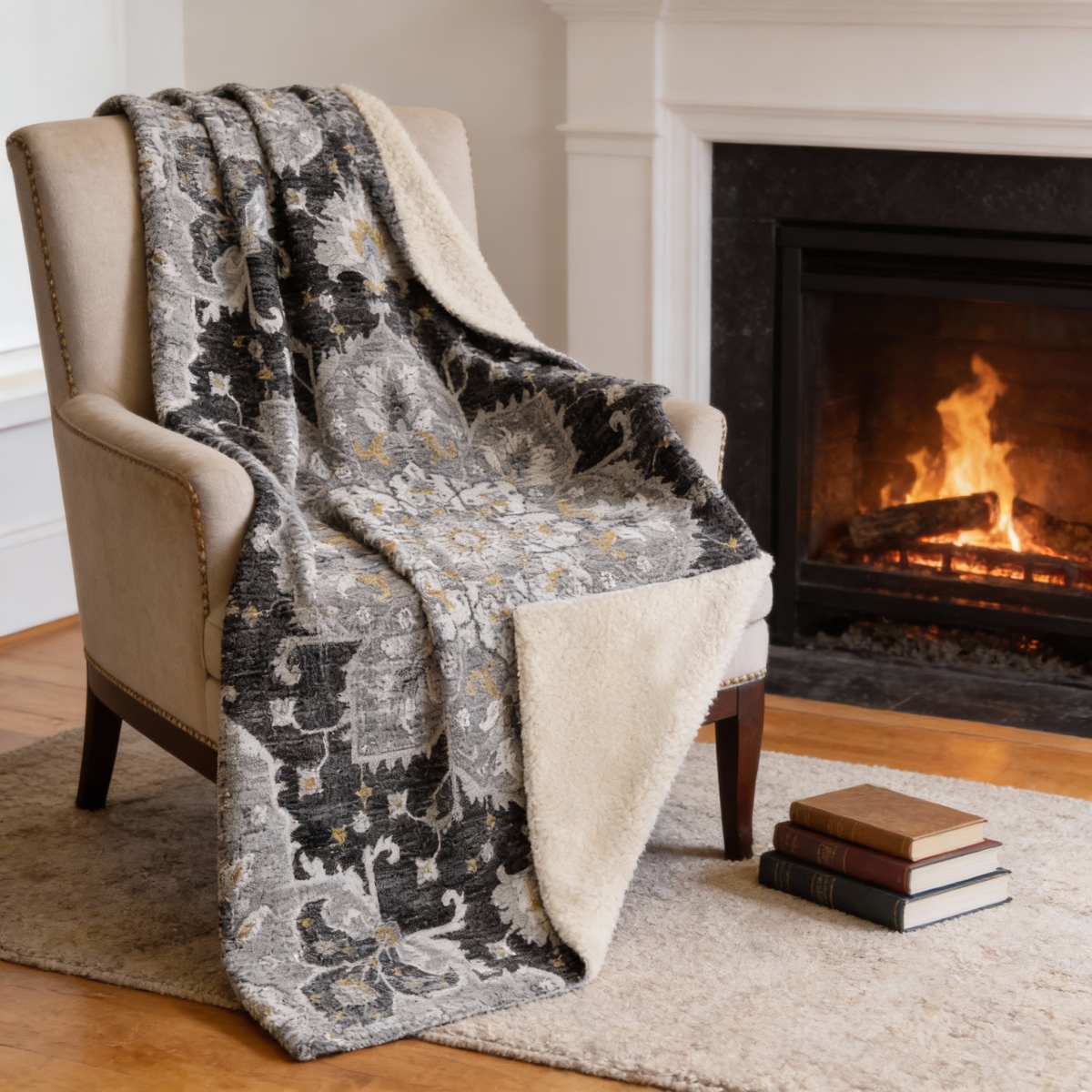 712393 50 x 70 in. Charcoal Gold & Gray Floral Microfiber Plush Throw Blanket
