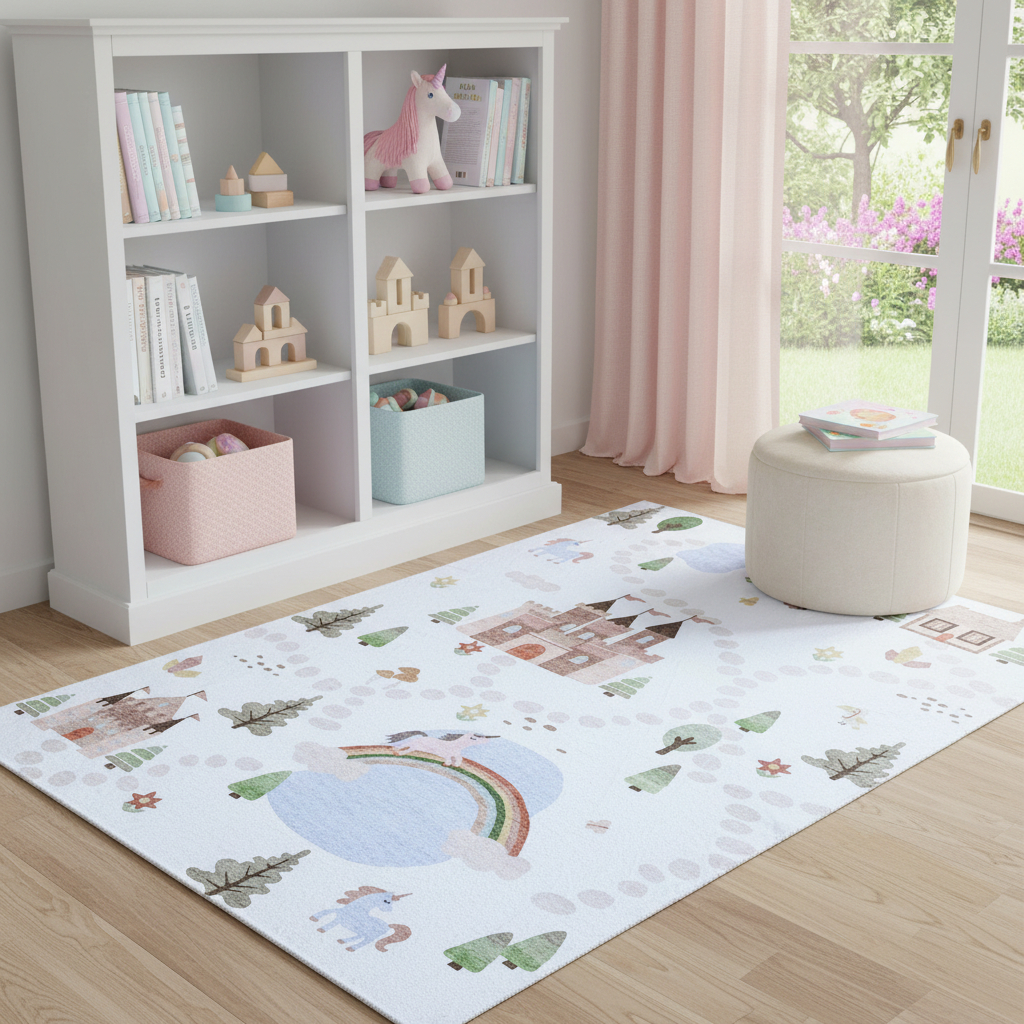 570034 8 x 11 ft. Off White Brown Green & Blue Castle & Rainbow Youthful Rectangle Area Rug