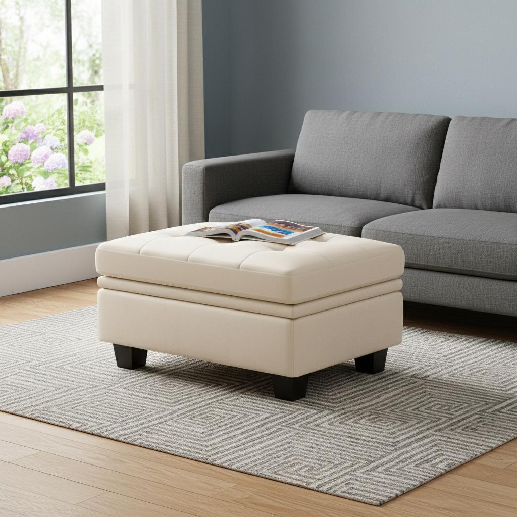 714391 32 in. Beige & Black Velvet Tufted Storage Ottoman