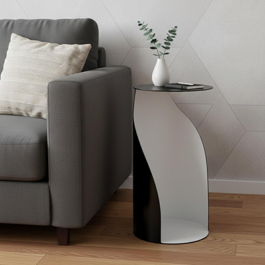 719932 21 in. Black & White Steel Round Pedestal End Table