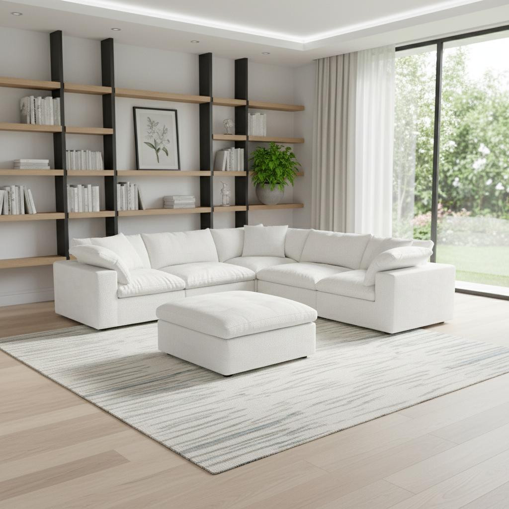 716919 White Linen Blend Modular L Shaped Corner Sectional, 6 Piece