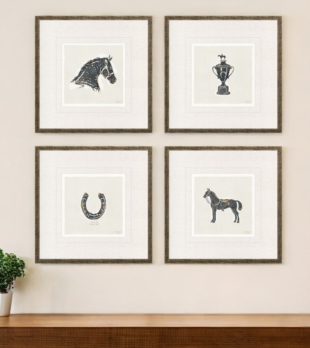 525912 Equestrian Gold Framed Print Wall Art, Set of 4