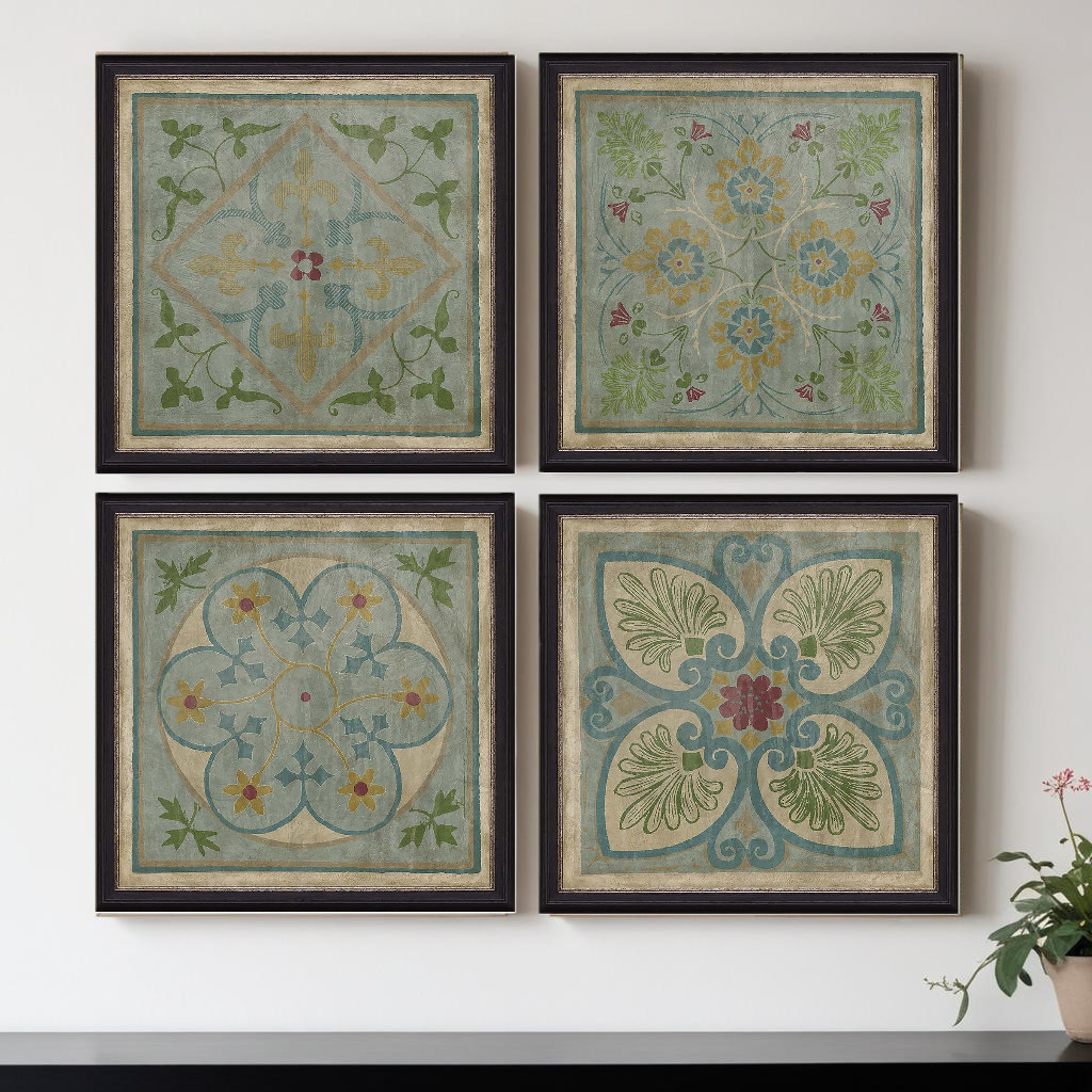 526955 Verdigris Pattern Black Framed Print Wall Art, Set of 4