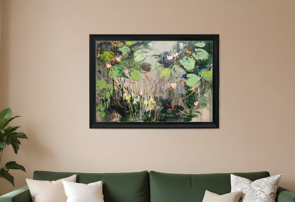 558192 Water Lilies Summer Pond Brown Framed Print Wall Art