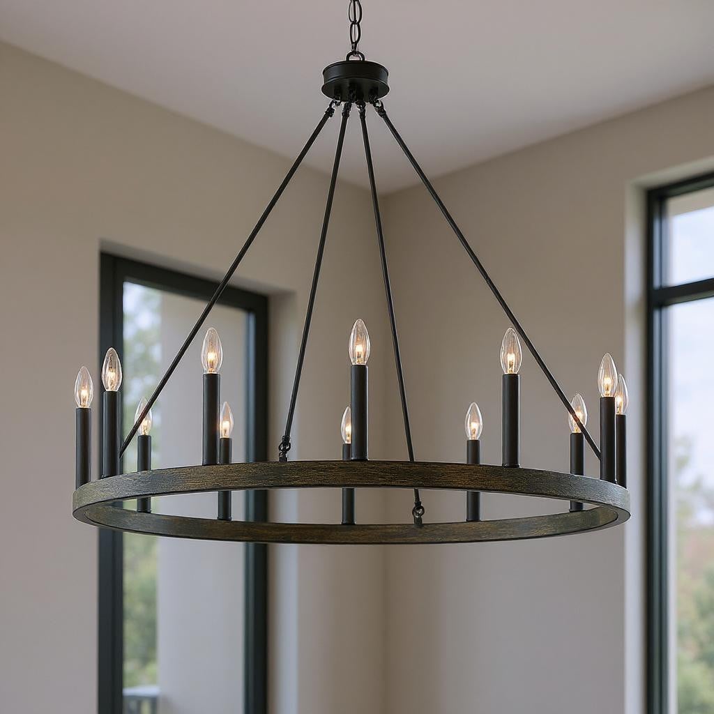 482694 Black Candle Style Twelve Light Metal Dimmable Chandelier