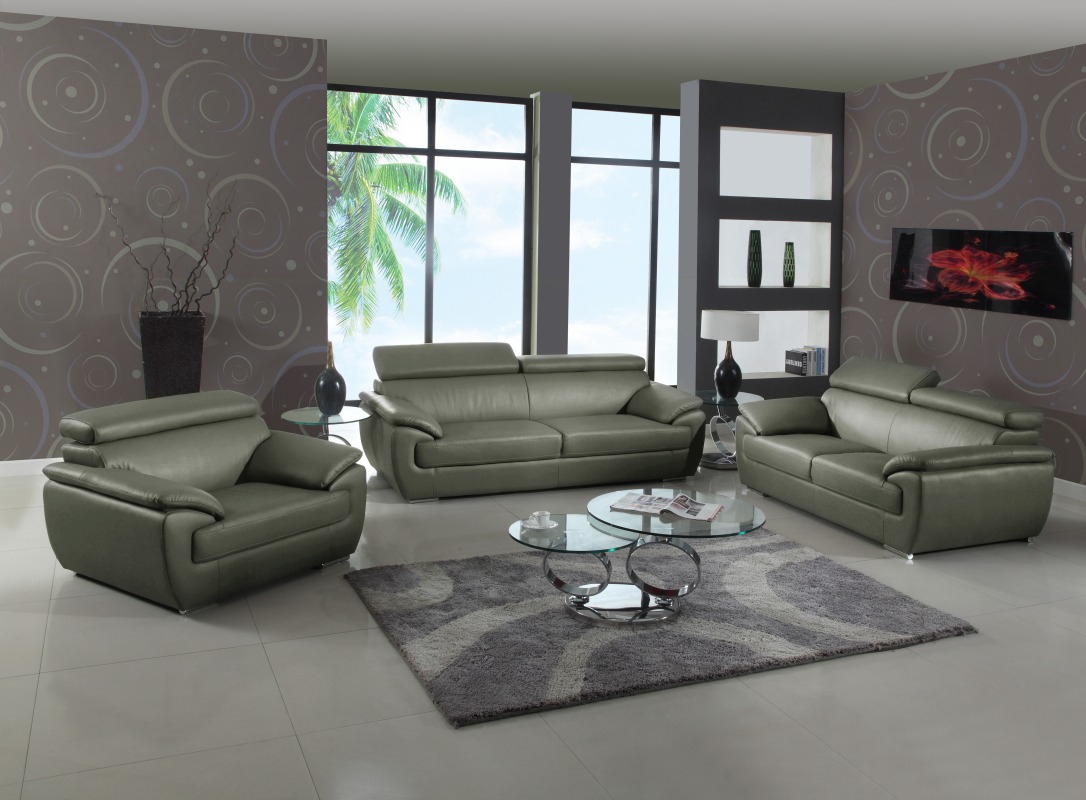 114 in. Captivating Grey Leather Sofa Set