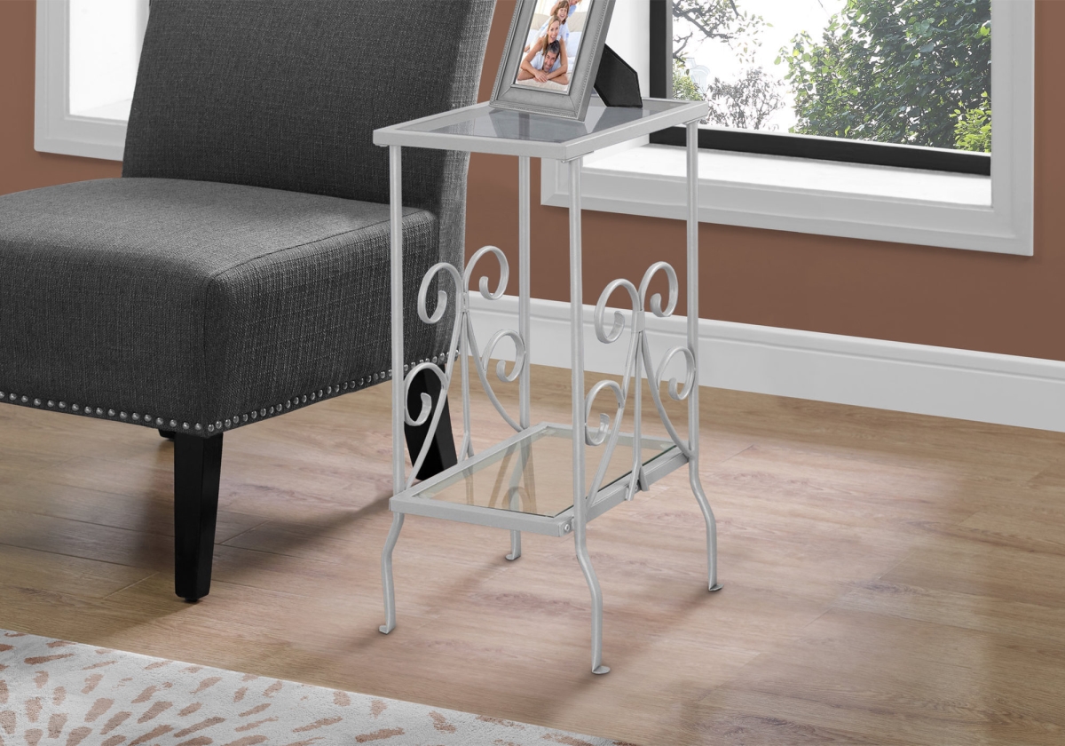 30 in. Silver Metal & Clear Tempered Glass Accent Table