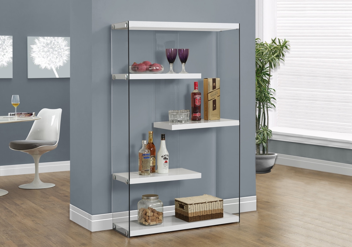 58.75 in. Glossy White Particle Board & Clear Tempered Glass Bookcase