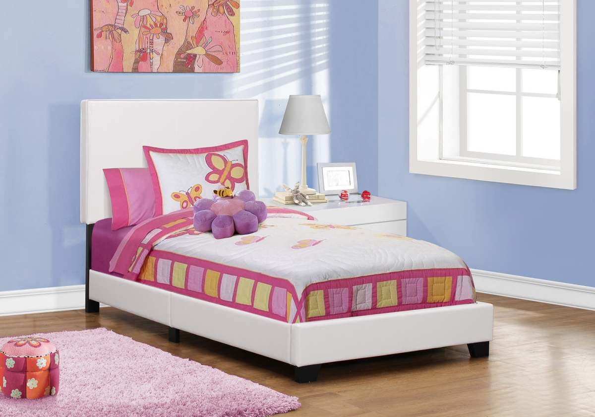 333282 45.75 in. White Solid Wood, MDF & Foam Twin Size Bed Frame with a Leather Look