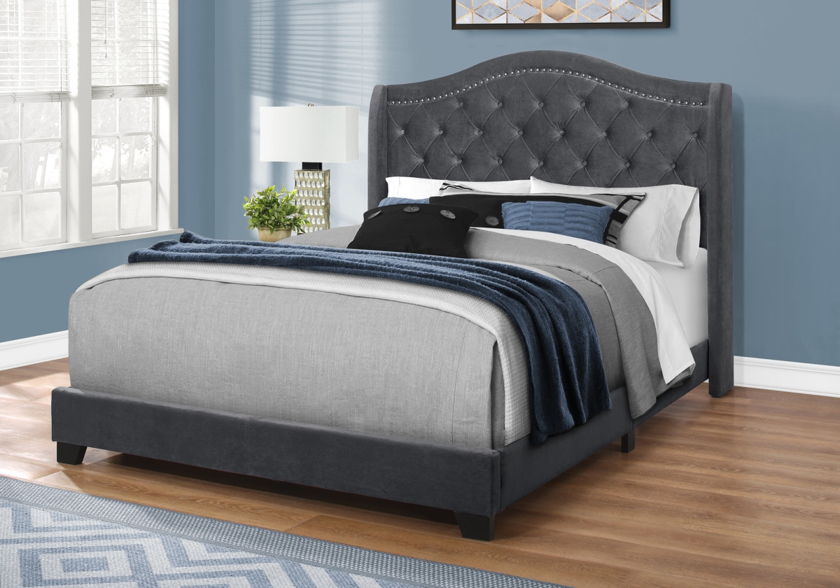 56.5 in. Dark Grey Foam, MDF, Solid Wood, Velvet Queen Size Bed with a Chrome Trim