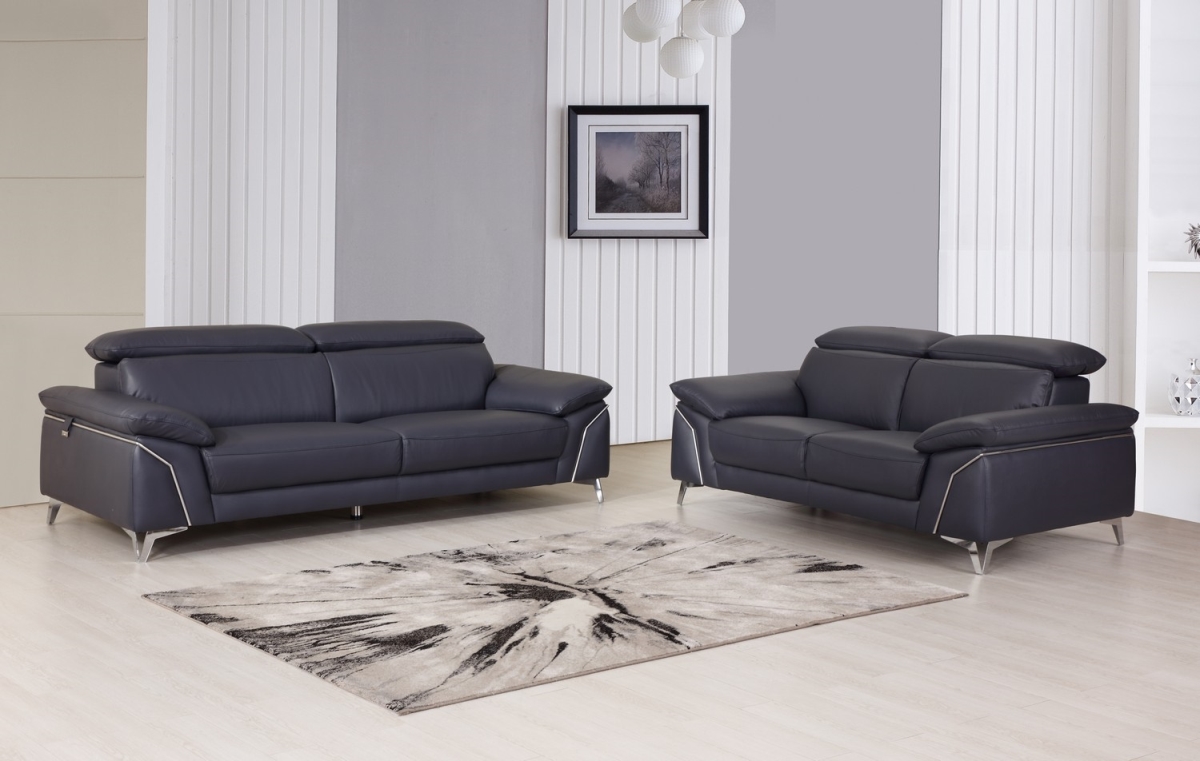 68 x 41 x 39 in. Modern Navy Leather Sofa & Loveseat