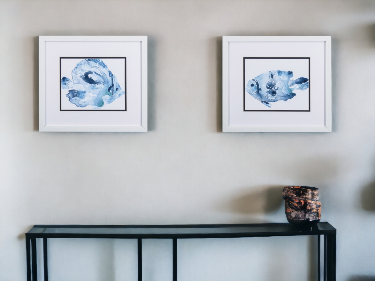 387735 Blue Watercolor Fish A Framed Art, Set of 2