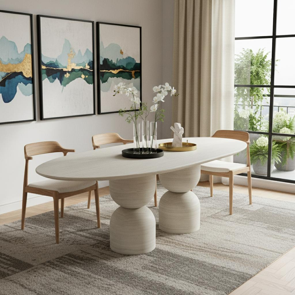 718901 94 in. Beige Marble Double Pedestal Base Oval Dining Table