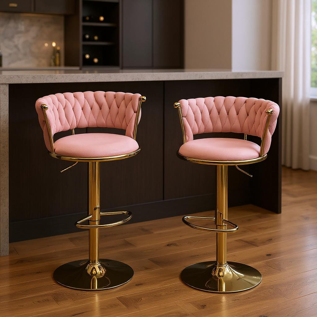 723807 Pink & Gold Velvet & Metal Low Back Adjustable Height Swivel Bar Chairs - Set of 2