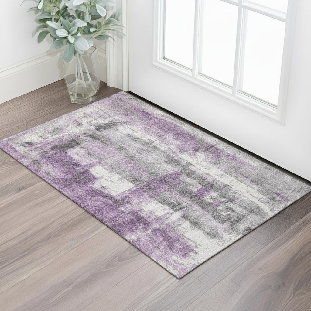 719281 3 x 5 ft. Purple Charcoal & Ivory Abstract Washable Rectangle Area Rug with UV Protection