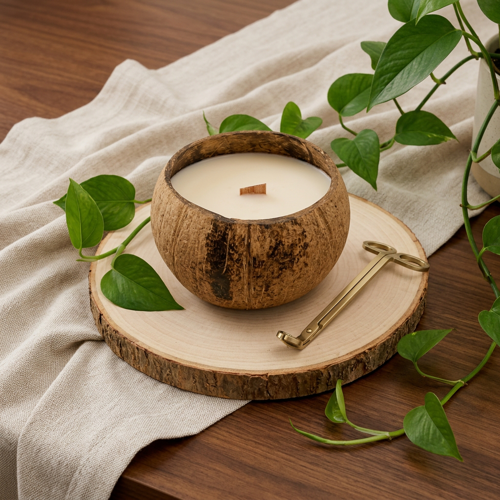 723272 4 in. Ivory Lavender & Sage Scented Candle in Brown Coconut Shell Holder