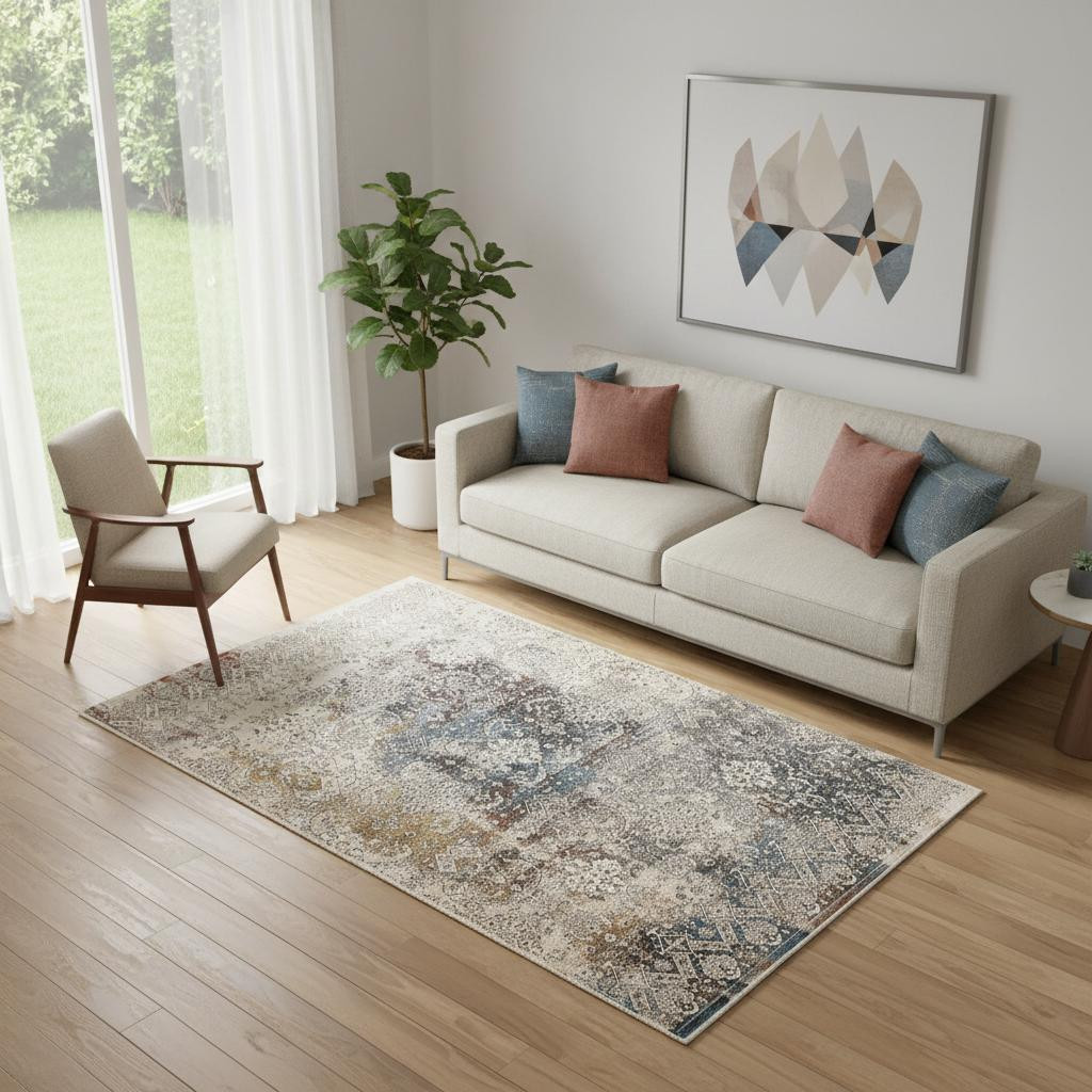 722502 5 x 8 ft. Blue & Orange Medallion Distressed Rectangle Area Rug with Fringe