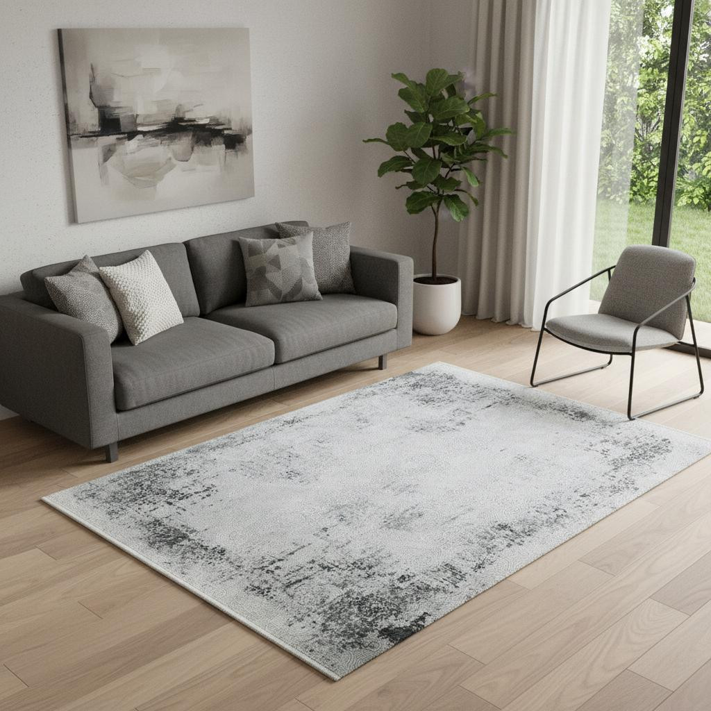 722516 5 x 8 ft. Gray & White Abstract Distressed Machine Made Rectangle Area Rug with Fringe